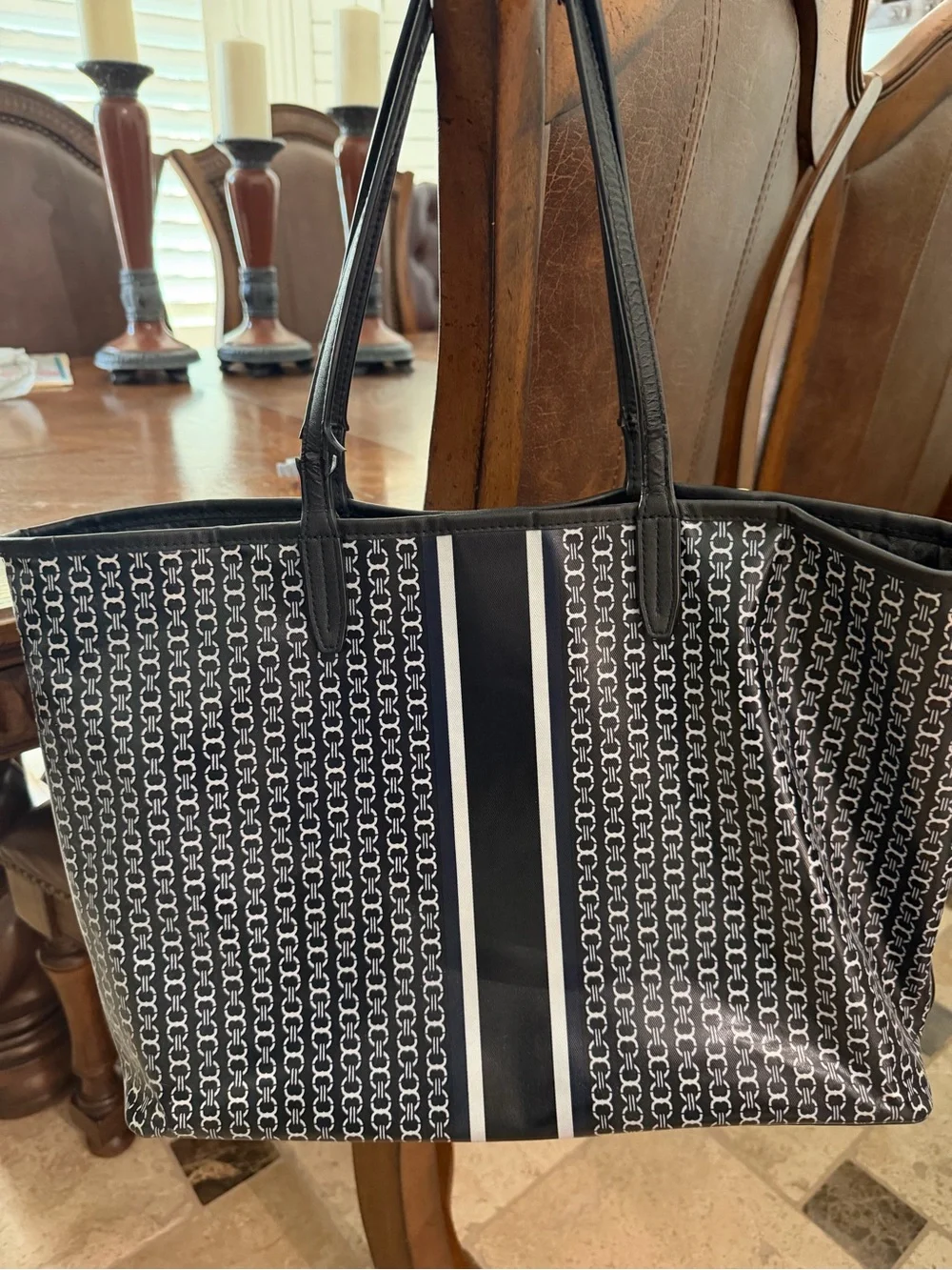 Tory Burch Black and White Logo Stripe Tote